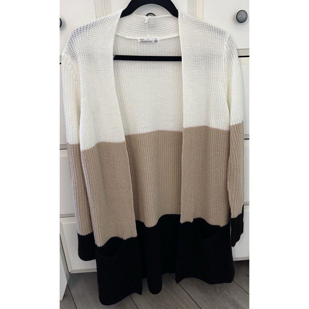 NWT 89th & Madison Colorblock Cardigan Sweater Womens Small Black Combo Pocket